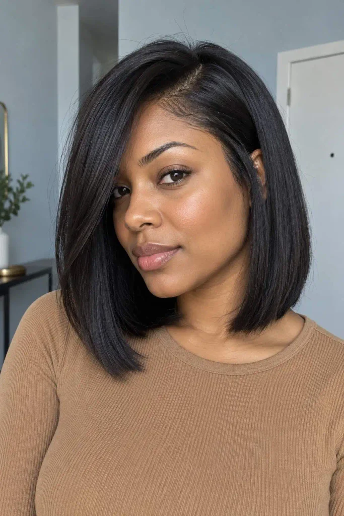 Sleek lob with side-swept front