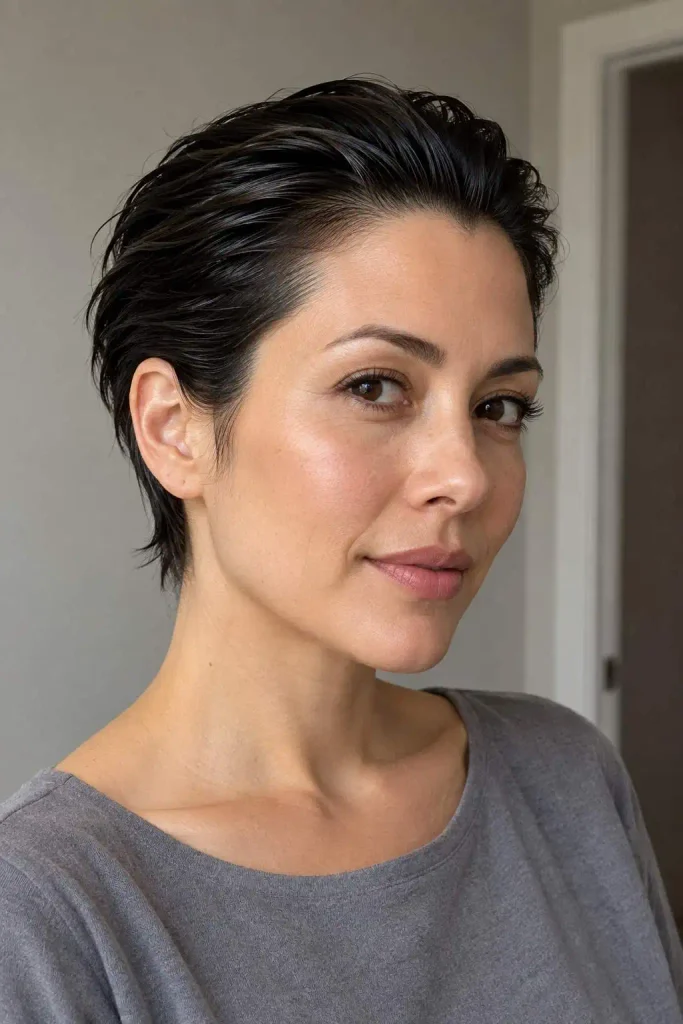 Slicked-back pixie with wet finish