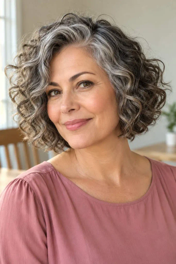 Soft curly bob for women over 50