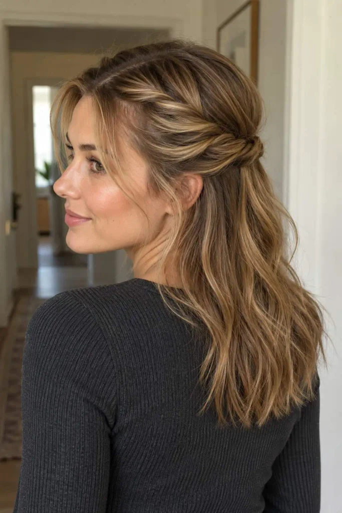 Twisted-Back Bangs Half-Up Style